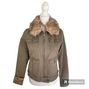 Lucky Brand Utility Jacket with Faux Fur Collar - Olive and Tan